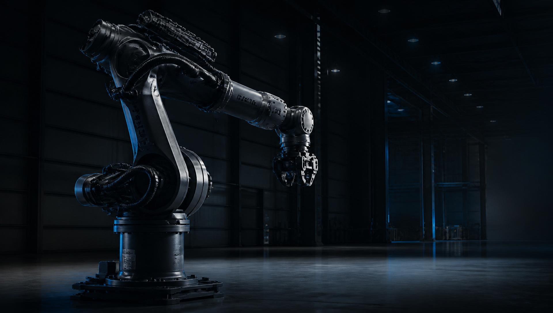 Industrial robotic arm in a dark warehouse